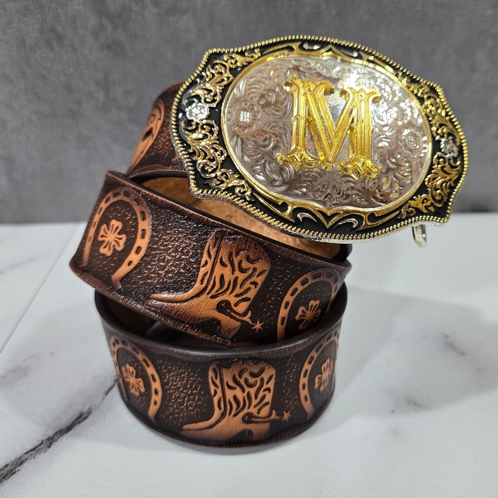Womens Western Leather Belt Size 26 Brown Tooled Horse Cowboy Boots M Buckle